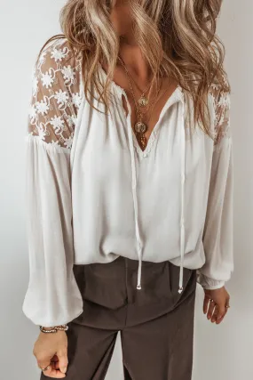 Lace Patchwork Puff Sleeve Tied V Neck Blouse