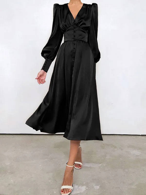 Lantern Sleeve Satin Maxi Dress