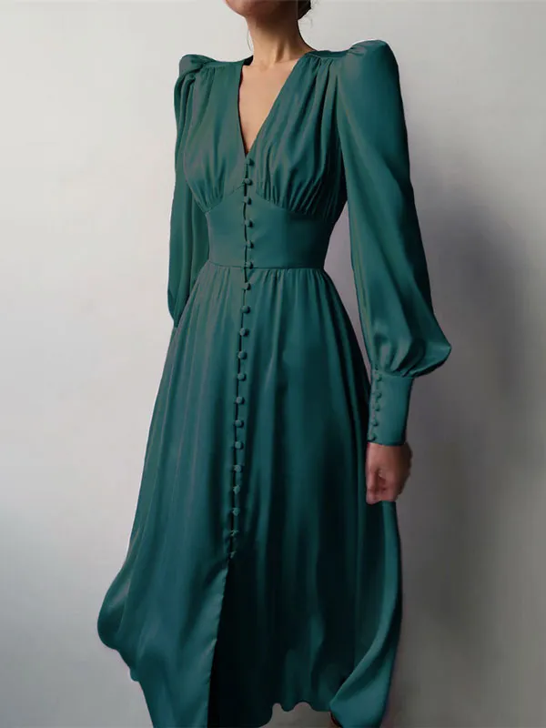 Lantern Sleeve Satin Maxi Dress