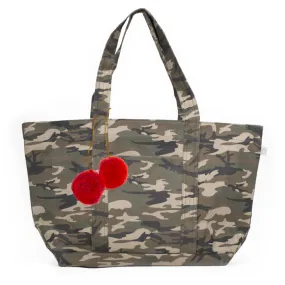 Large Zipper Tote Green Camo with Red Pom Poms