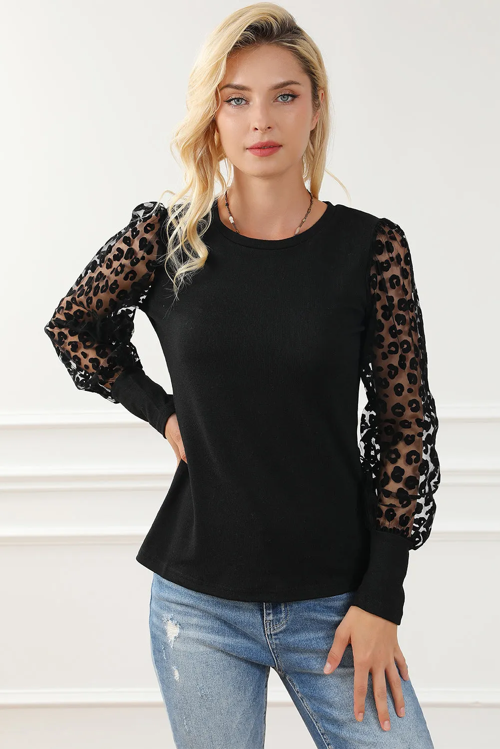 Leopard Mesh Puff Sleeve Patchwork Slim Fit Top