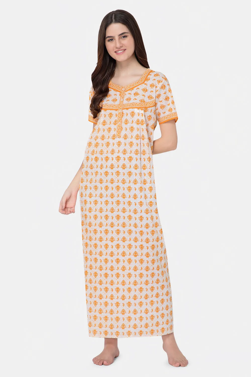 Naidu Hall Round Neck Half Sleeve Front Button Open Nighty - Yellow - NT08