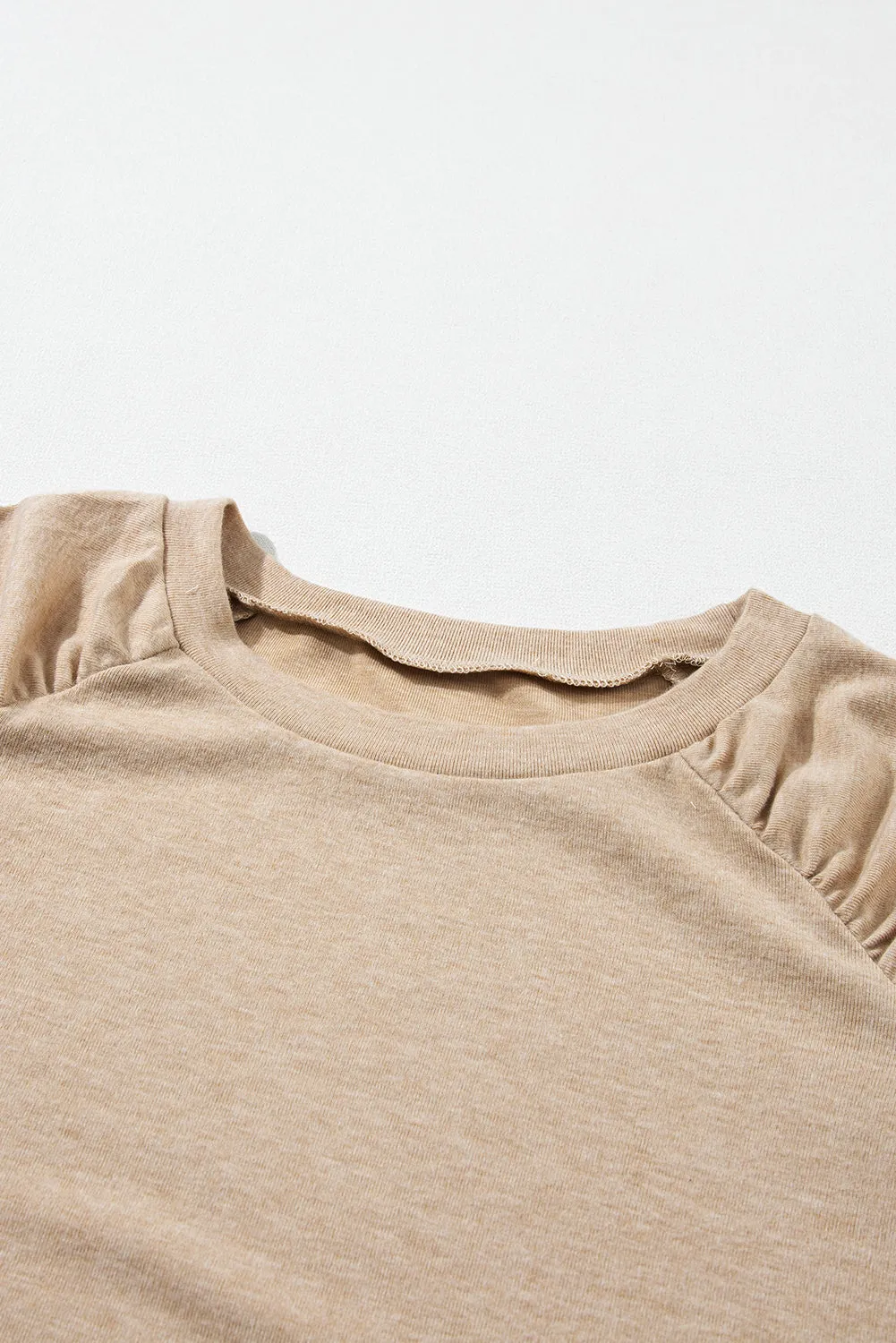 Pale Khaki Solid Ruched Raglan Sleeve Knit Top