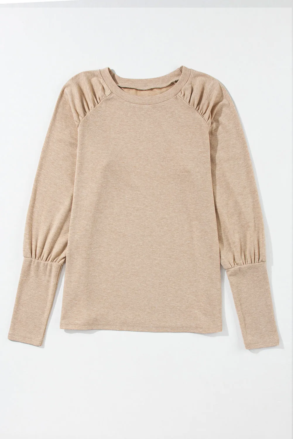 Pale Khaki Solid Ruched Raglan Sleeve Knit Top