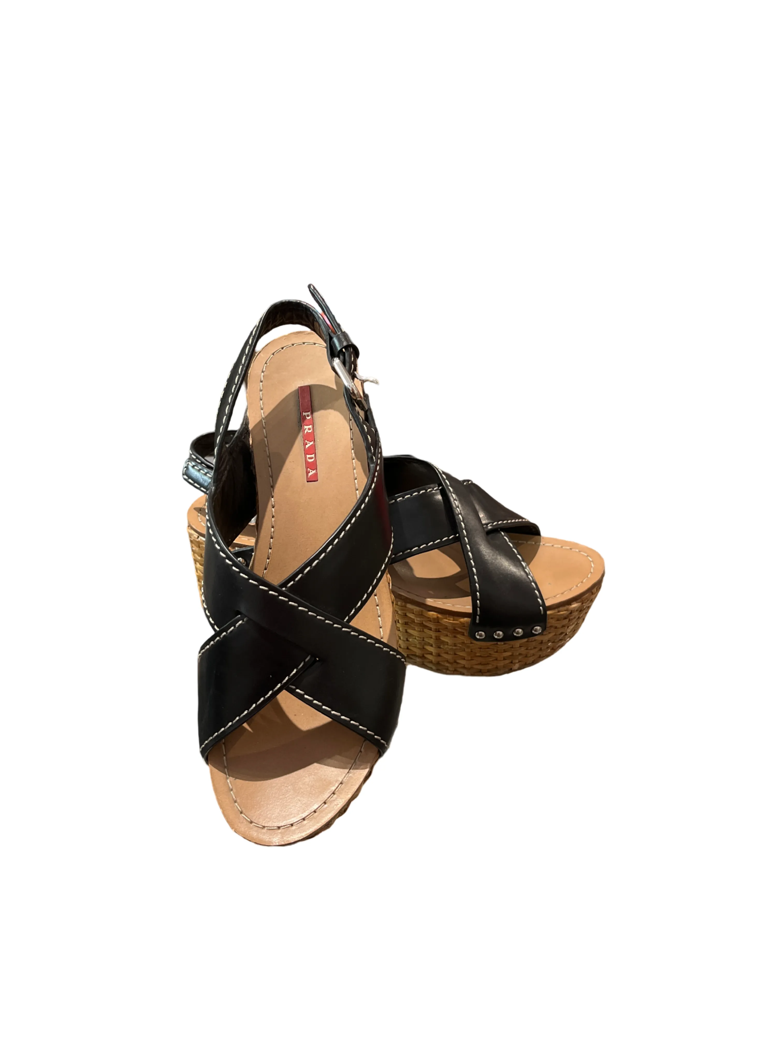 Prada Wicker Wedge Leather Braided Slingback Sandals /37