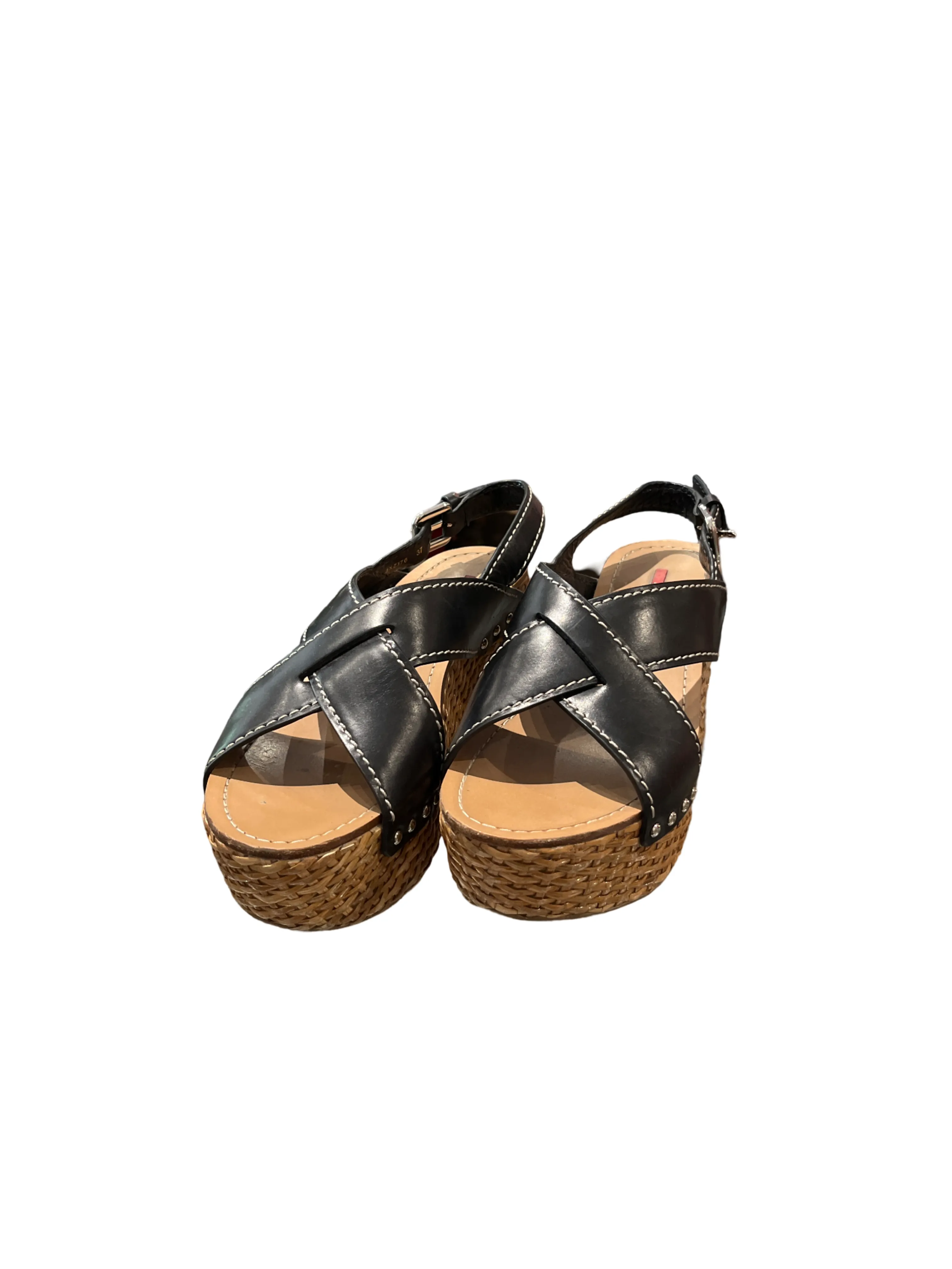 Prada Wicker Wedge Leather Braided Slingback Sandals /37