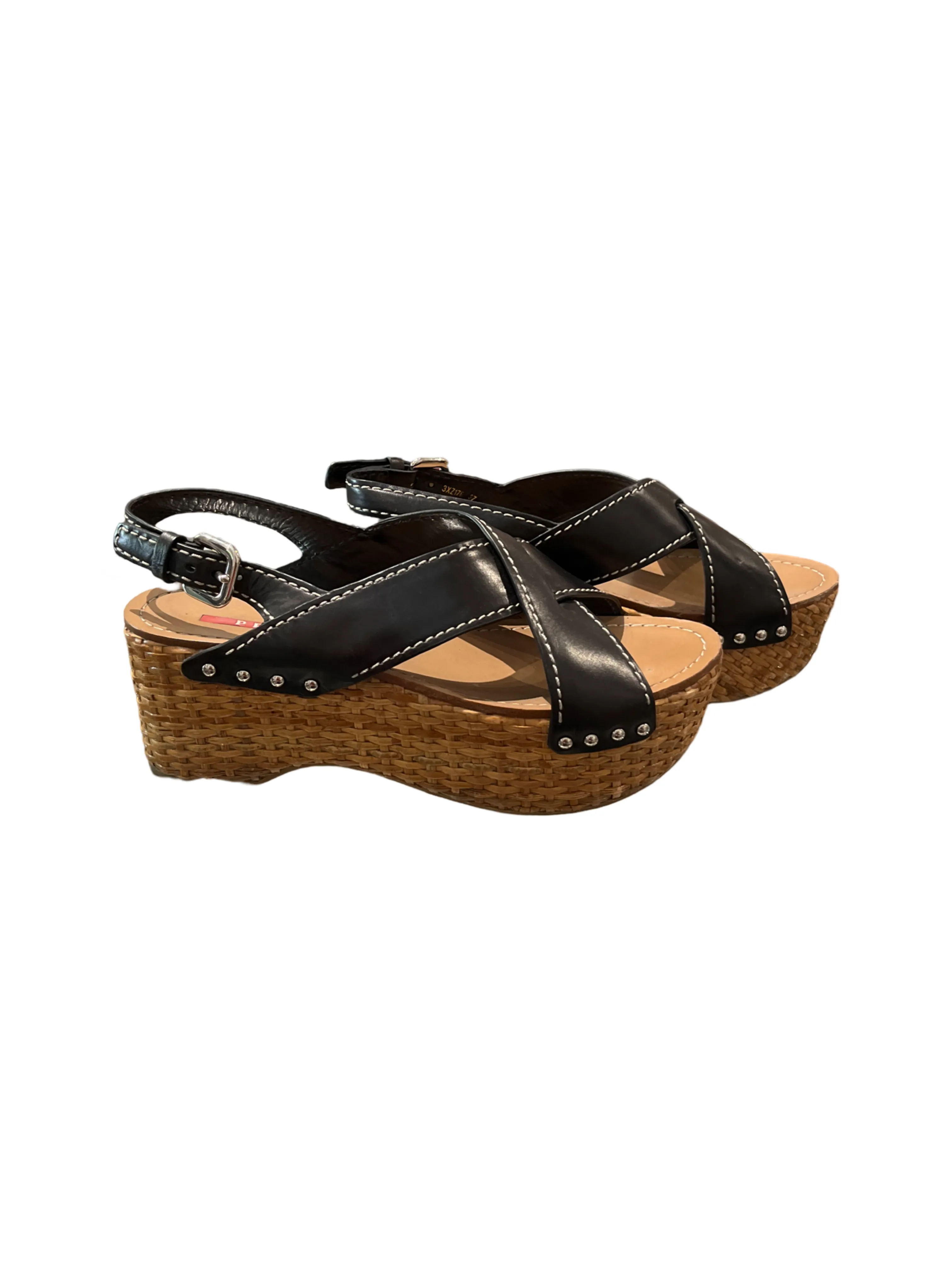 Prada Wicker Wedge Leather Braided Slingback Sandals /37