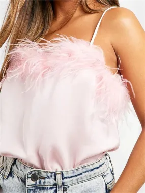 Sexy Women Elegant Sleeveless Strap Fur Patchwork Summer Vest Party Club Streetwear Solid Color 2024 Crop Top