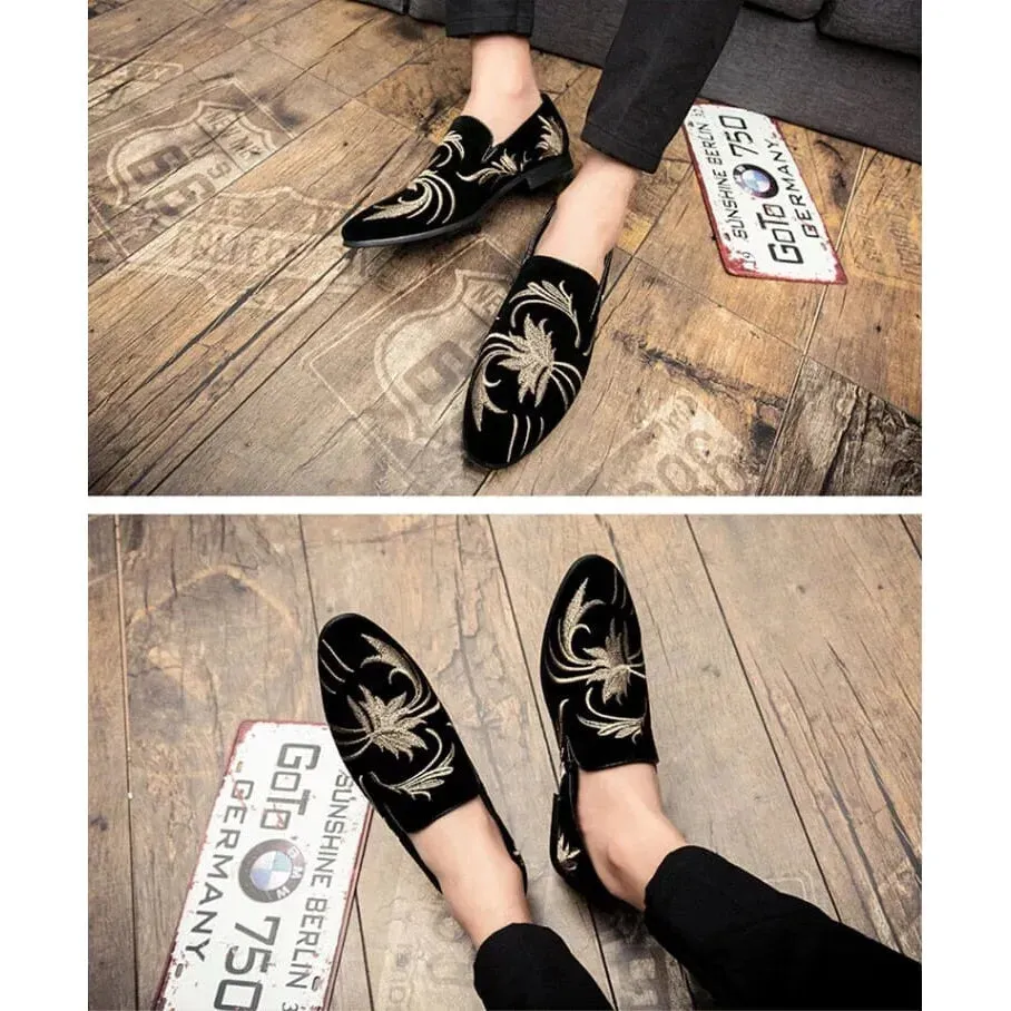 The Palms Embroidered Suede Penny Loafers