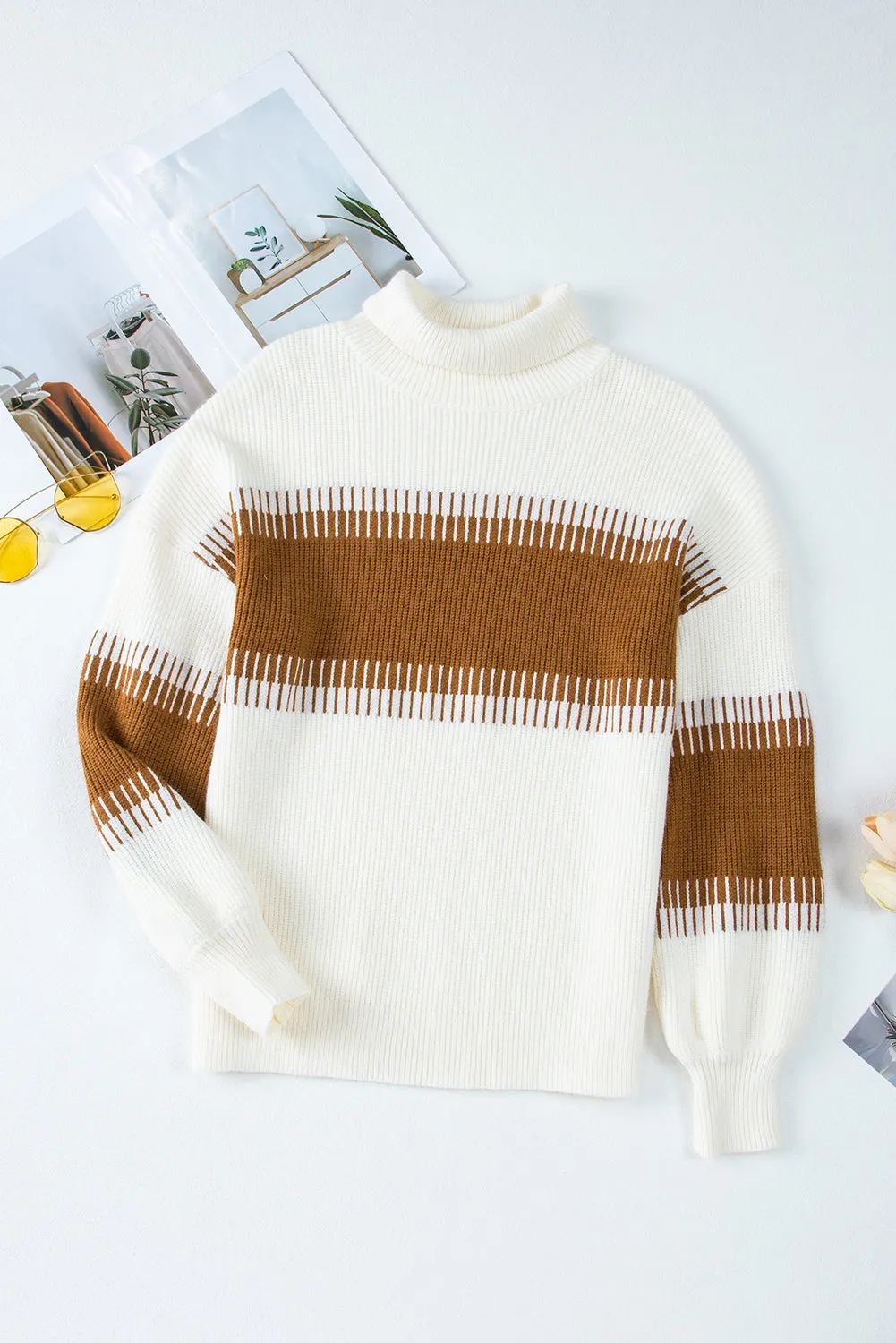 White Printed Patchwork Turtle Neck Knitted Sweater