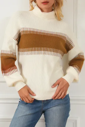 White Printed Patchwork Turtle Neck Knitted Sweater