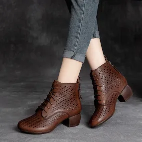 Women Casual Hollow Leather Chunky Heel Boots