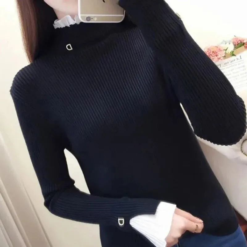 Y2K Turtleneck Women’s Sweater – Korean Lace Patchwork, Elegant Flare Sleeve Pullovers, Warm Autumn Casual Tops for Women