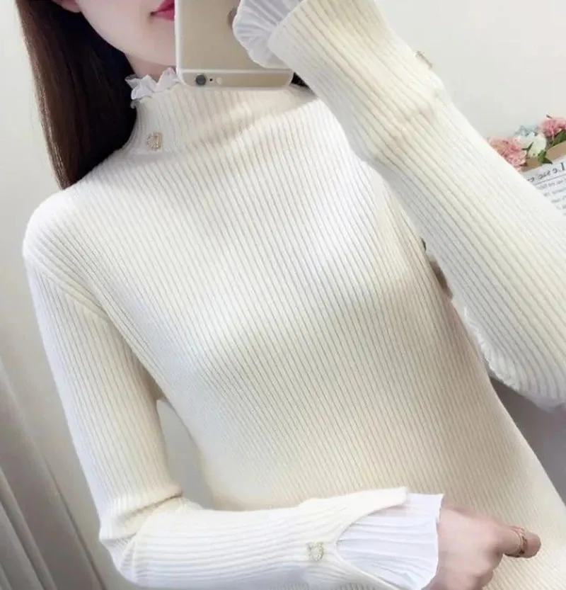 Y2K Turtleneck Women’s Sweater – Korean Lace Patchwork, Elegant Flare Sleeve Pullovers, Warm Autumn Casual Tops for Women