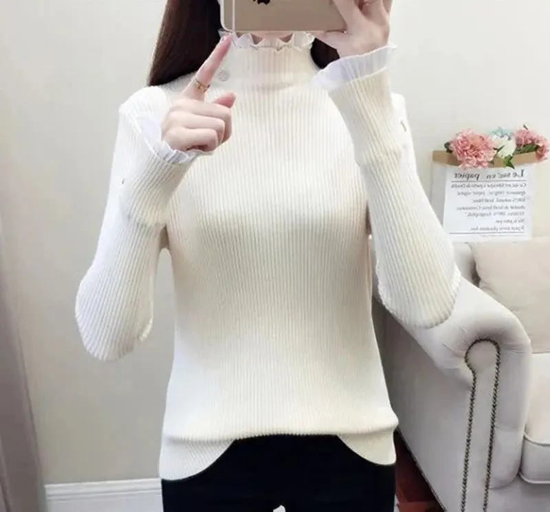 Y2K Turtleneck Women’s Sweater – Korean Lace Patchwork, Elegant Flare Sleeve Pullovers, Warm Autumn Casual Tops for Women