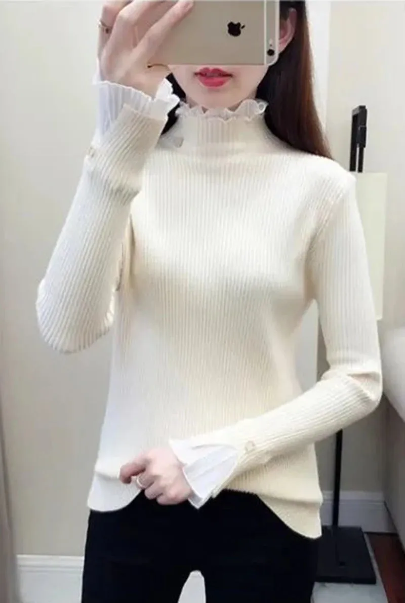 Y2K Turtleneck Women’s Sweater – Korean Lace Patchwork, Elegant Flare Sleeve Pullovers, Warm Autumn Casual Tops for Women